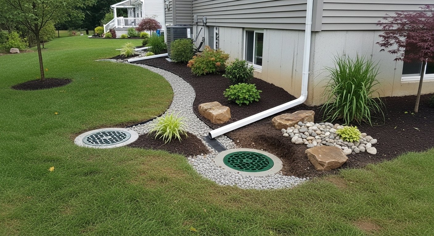 Drainage system and landscape grading installed beside a home