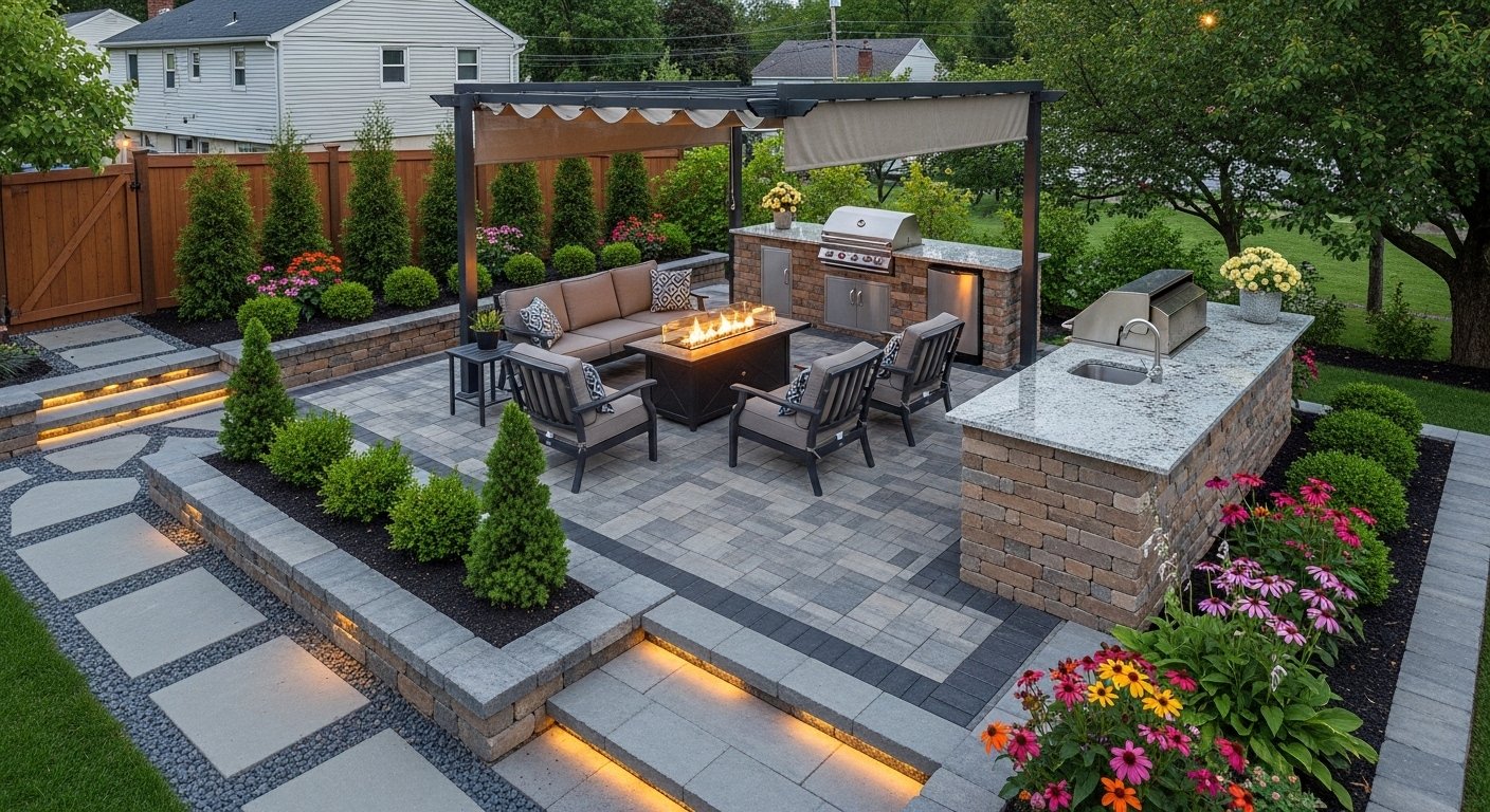 Freshly maintained lawn and landscaping in a suburban neighborhood